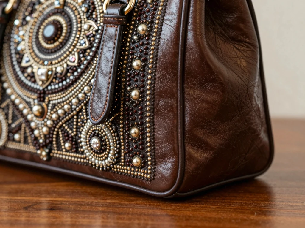 Leather bag decorated with beading and embellishment