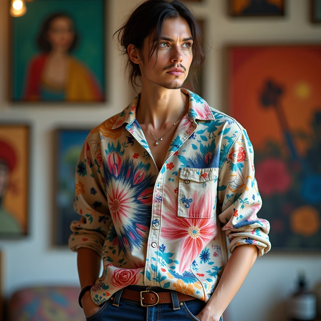 Artistic fabric painting on cotton shirt